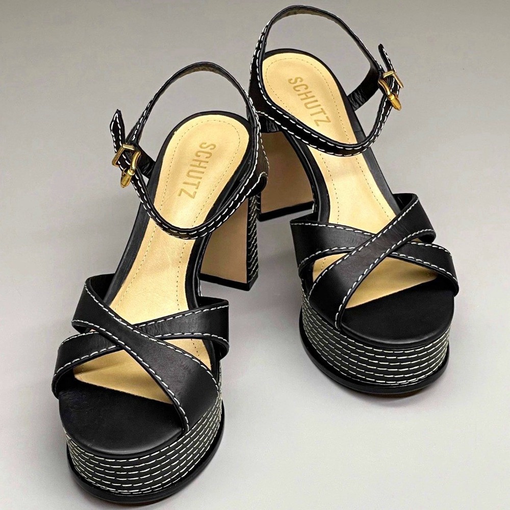 SCHUTZ Black Leather Platform Ankle Strap Open Toe Sandal Heels Size 8.5